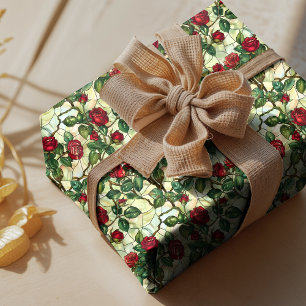 Papier Cadeau Verre coloré floral rouge vert élégant