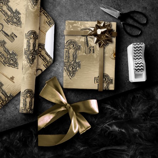 Papier Cadeau Verrouillage Steampunk et clé or | Découpage Vinta