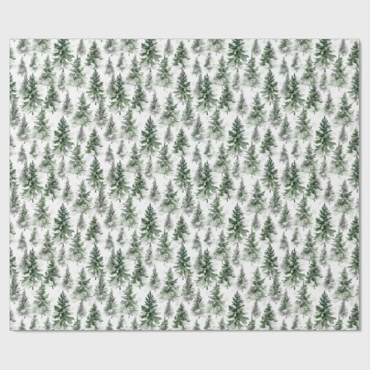 Papier Cadeau Vert Aquarelle Pine Forêt sur Blanc (Plat)