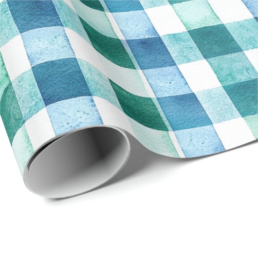 Papier Cadeau Vert Blanc Bleu Trappe Plaid Noël (Coin rond)