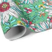 Papier Cadeau Vert blanc Jaune Orange Rouge Fleurs de marguerite (Coin rond)