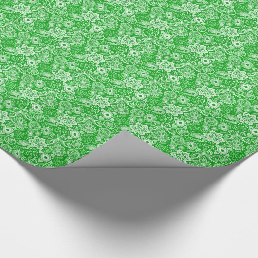 Papier Cadeau Vert & Blanc Retro Fleurs & Papillons Motif (Coin)