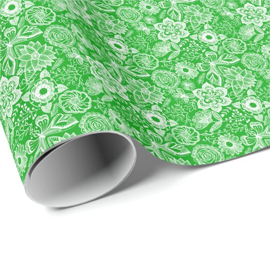Papier Cadeau Vert & Blanc Retro Fleurs & Papillons Motif (Coin rond)