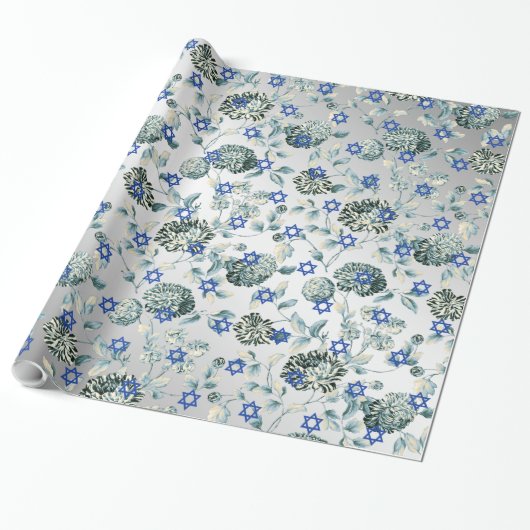 Papier Cadeau Vert bleu Toile floral d'argent d'étoile de David (Déroulé)
