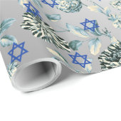 Papier Cadeau Vert bleu Toile floral d'argent d'étoile de David (Coin rond)