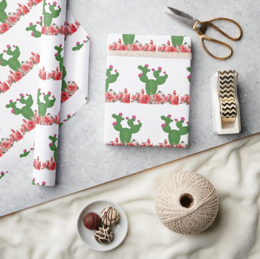 Papier Cadeau Vert Cactus Fleurs Orange Floral  (Artisanat)