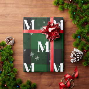 Papier Cadeau Vert carreaux & flocons de neige Monogramme Initia