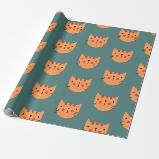 Papier Cadeau Vert chat mignon orange (Déroulé)