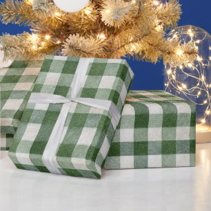 Papier Cadeau Vert chaud crème carreaux rayures Noël