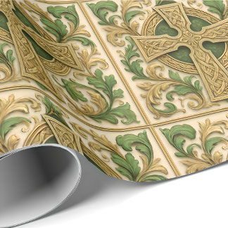 Papier cadeau vert croix celtique or sculpté