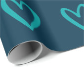 Papier Cadeau Vert de mer clair sur bleu prussien Coeurs dessiné (Coin rond)