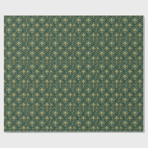 Papier Cadeau Vert émeraude et or Crête Motif Royal Damassé