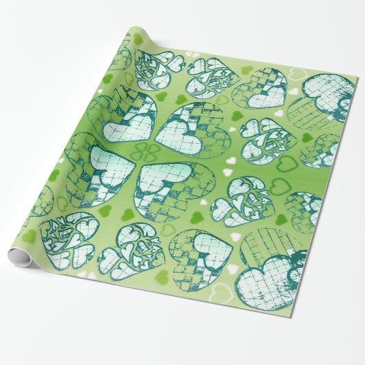 Papier Cadeau Vert et blanc Whimsical Romantique Coeurs motif (Déroulé)