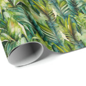 Papier Cadeau Vert et Turquoise Aquarelle Tropical Palm Feuille (Coin rond)