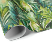 Papier Cadeau Vert et Turquoise Aquarelle Tropical Palm Feuille (Coin rond)