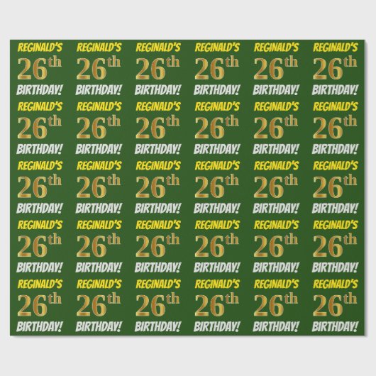 Papier Cadeau Vert, Faux/Imitation Or, "26ème anniversaire" (Plat)