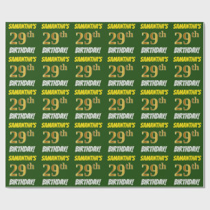 Papier Cadeau Vert, Faux/Imitation Or, "29e ANNIVERSAIRE"