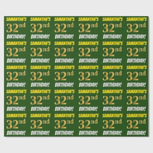 Papier Cadeau Vert, Faux/Imitation Or, "32e anniversaire" (Plat)