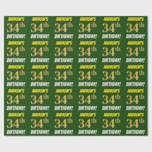 Papier Cadeau Vert, Faux/Imitation Or, "34e anniversaire" (Plat)