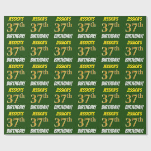 Papier Cadeau Vert, Faux/Imitation Or, "37ème anniversaire"