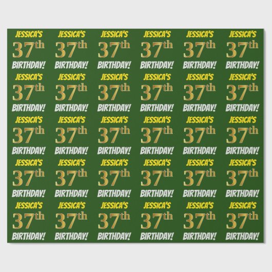 Papier Cadeau Vert, Faux/Imitation Or, "37ème anniversaire" (Plat)
