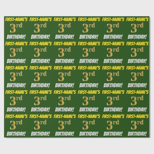 Papier Cadeau Vert, Faux/Imitation Or, "3ème anniversaire" (Plat)