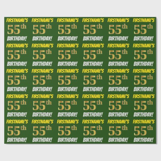 Papier Cadeau Vert, Faux/Imitation Or, "55e anniversaire" (Plat)