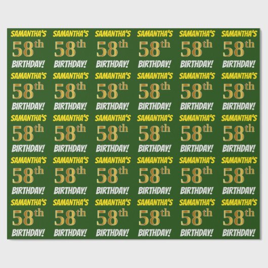 Papier Cadeau Vert, Faux/Imitation Or, "58ème anniversaire" (Plat)