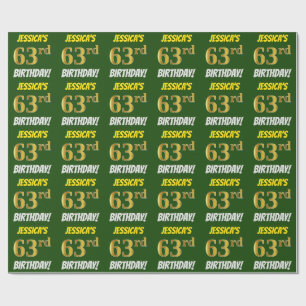 Papier Cadeau Vert, Faux/Imitation Or, "63e anniversaire"