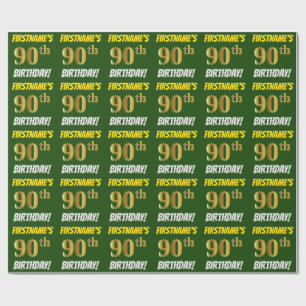 Papier Cadeau Vert, Faux/Imitation Or, "90e ANNIVERSAIRE"