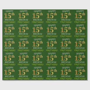 Papier Cadeau Vert, Faux Or "HEUREUX 15ème anniversaire"