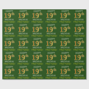 Papier Cadeau Vert, Faux Or "HEUREUX 19e ANNIVERSAIRE"