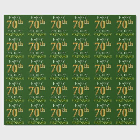 Papier Cadeau Vert, Faux Or "HEUREUX 70e ANNIVERSAIRE" (Plat)