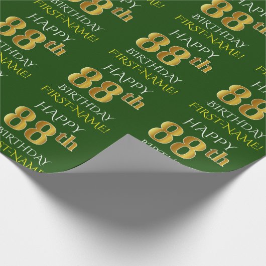 Papier Cadeau Vert, Faux Or "HEUREUX 88e ANNIVERSAIRE" (Coin)
