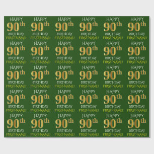 Papier Cadeau Vert, Faux Or "HEUREUX 90e ANNIVERSAIRE"