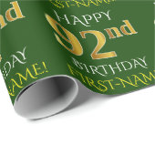 Papier Cadeau Vert, Faux Or "HEUREUX 92e ANNIVERSAIRE" (Coin rond)