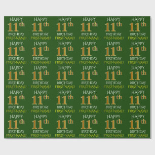 Papier Cadeau Vert, Faux Or "Joyeux 11e ANNIVERSAIRE"