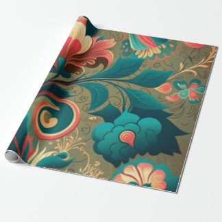 Papier Cadeau Vert floral design rétro vintage