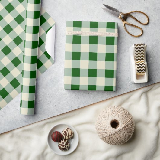 Papier Cadeau Vert foncé, Sage, Crème - Vérification médiane (Artisanat)