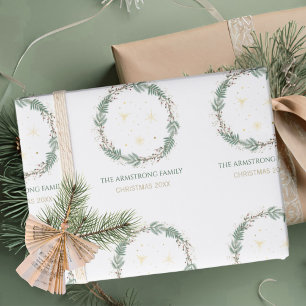 Papier Cadeau Vert forêt Étoiles dorées Noël Nom de famille