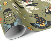 Papier Cadeau Vert Halloween Squelettique (Coin rond)