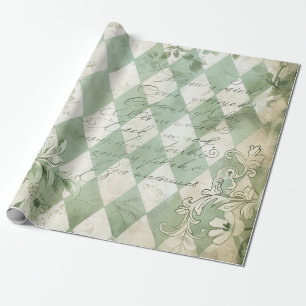 Papier Cadeau Vert Harlequin Floral Script Vintage