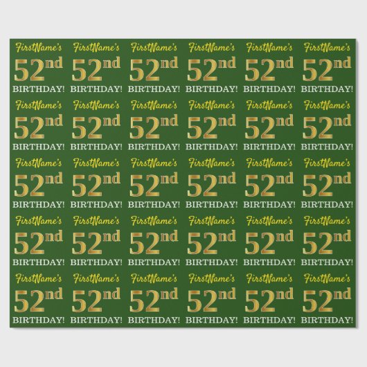Papier Cadeau Vert, Imitation Gold Look "52e anniversaire" (Plat)