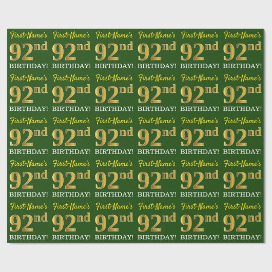 Papier Cadeau Vert, Imitation Gold Look "92e anniversaire" (Plat)