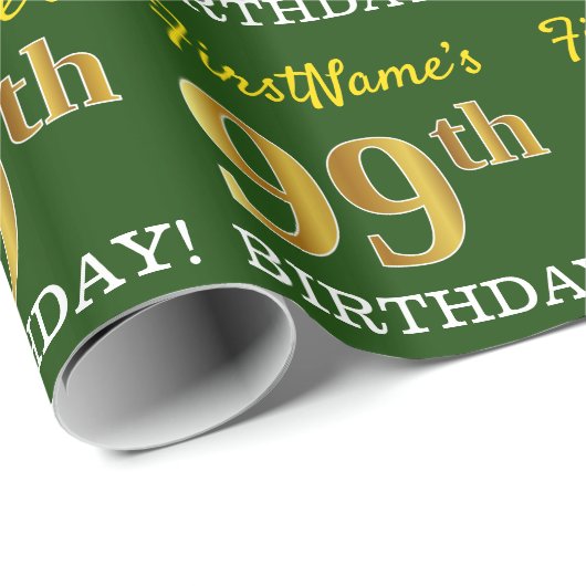 Papier Cadeau Vert, Imitation Gold Look "99e anniversaire" (Coin rond)