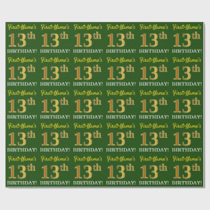 Papier Cadeau Vert, Imitation Or Look "13ème anniversaire"