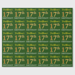 Papier Cadeau Vert, Imitation Or Look "17ème anniversaire"