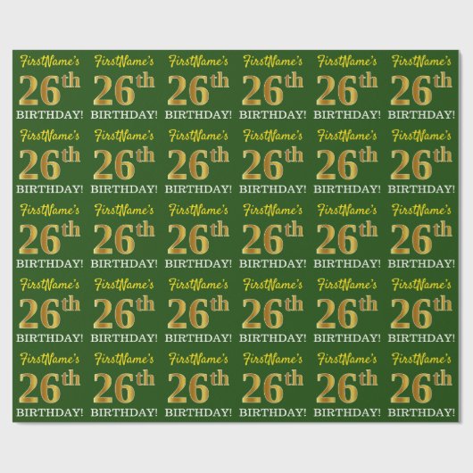 Papier Cadeau Vert, Imitation Or Look "26e anniversaire" (Plat)