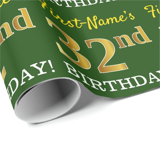 Papier Cadeau Vert, Imitation Or Look "32e anniversaire" (Coin rond)
