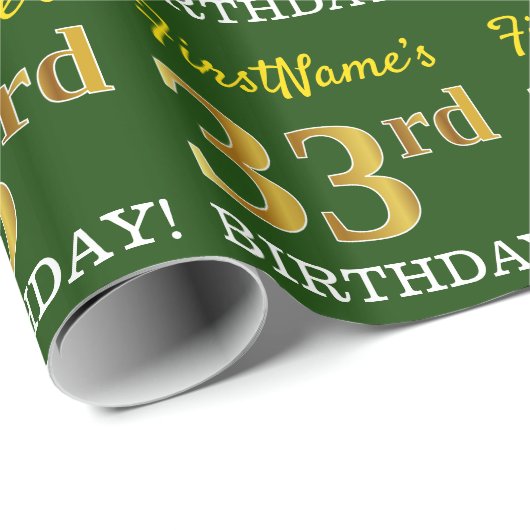 Papier Cadeau Vert, Imitation Or Look "33ème anniversaire" (Coin rond)